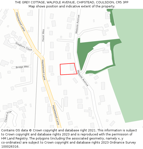 THE GREY COTTAGE, WALPOLE AVENUE, CHIPSTEAD, COULSDON, CR5 3PP: Location map and indicative extent of plot
