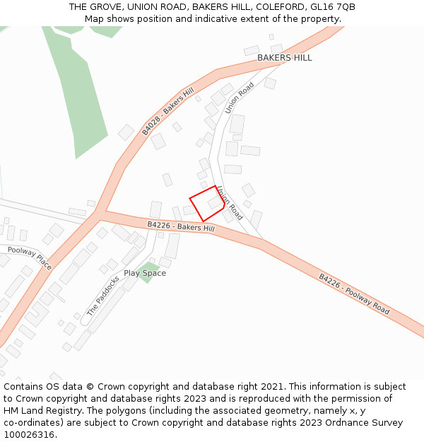 THE GROVE, UNION ROAD, BAKERS HILL, COLEFORD, GL16 7QB: Location map and indicative extent of plot