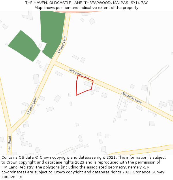 THE HAVEN, OLDCASTLE LANE, THREAPWOOD, MALPAS, SY14 7AY: Location map and indicative extent of plot