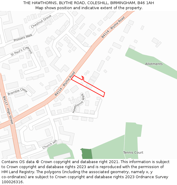 THE HAWTHORNS, BLYTHE ROAD, COLESHILL, BIRMINGHAM, B46 1AH: Location map and indicative extent of plot