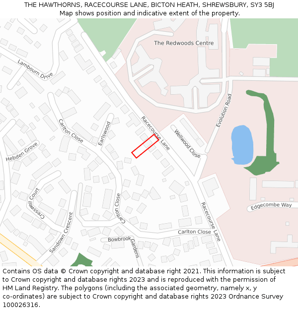 THE HAWTHORNS, RACECOURSE LANE, BICTON HEATH, SHREWSBURY, SY3 5BJ: Location map and indicative extent of plot