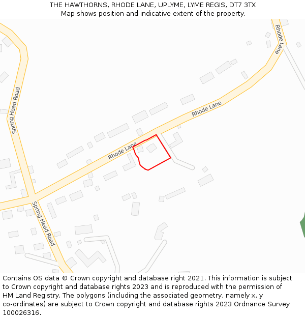 THE HAWTHORNS, RHODE LANE, UPLYME, LYME REGIS, DT7 3TX: Location map and indicative extent of plot