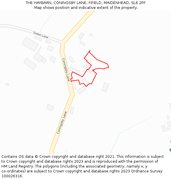 THE HAYBARN, CONINGSBY LANE, FIFIELD, MAIDENHEAD, SL6 2PF: Location map and indicative extent of plot