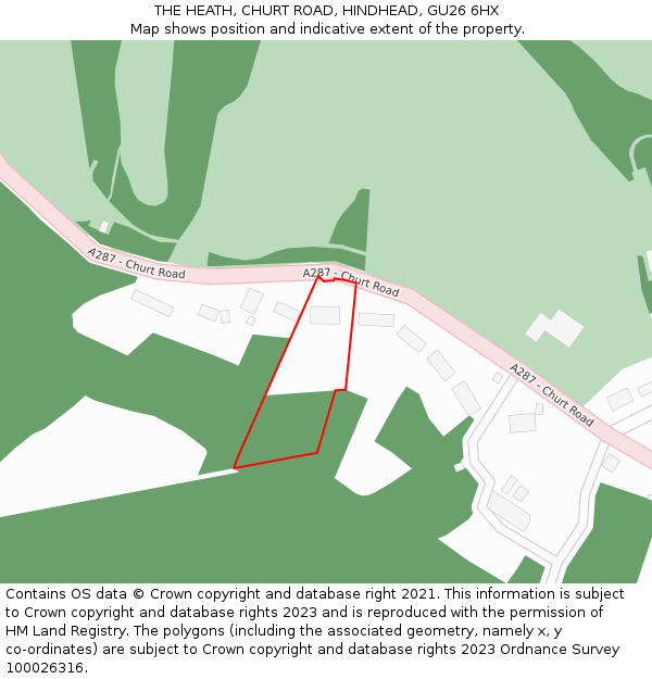 THE HEATH, CHURT ROAD, HINDHEAD, GU26 6HX: Location map and indicative extent of plot