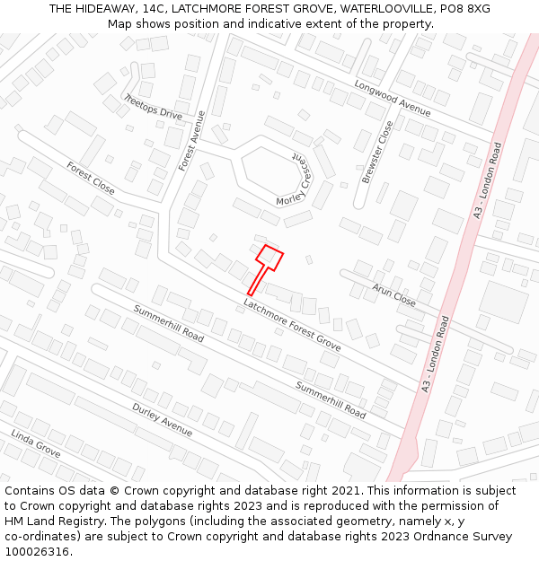 THE HIDEAWAY, 14C, LATCHMORE FOREST GROVE, WATERLOOVILLE, PO8 8XG: Location map and indicative extent of plot