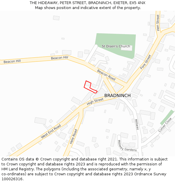 THE HIDEAWAY, PETER STREET, BRADNINCH, EXETER, EX5 4NX: Location map and indicative extent of plot