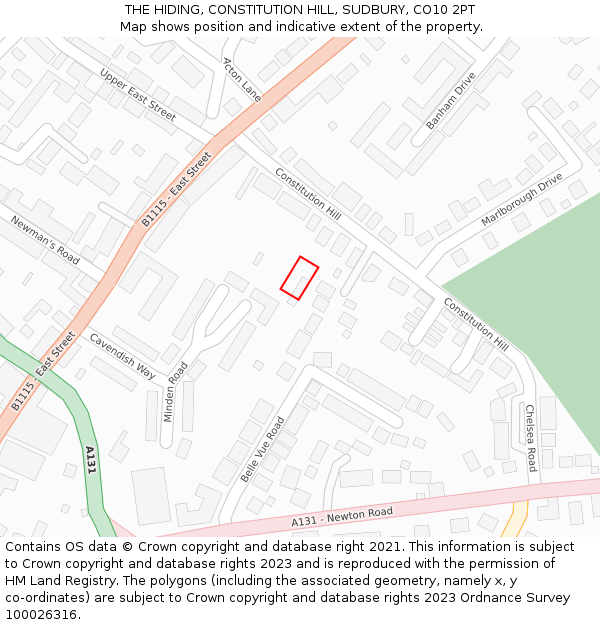 THE HIDING, CONSTITUTION HILL, SUDBURY, CO10 2PT: Location map and indicative extent of plot