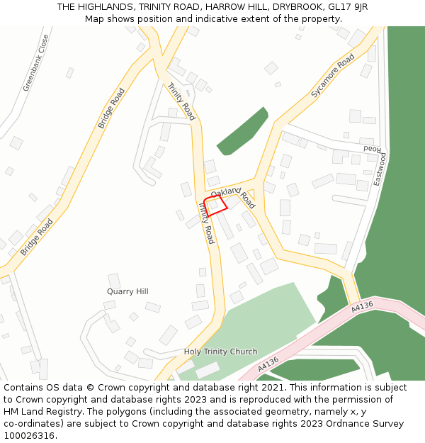 THE HIGHLANDS, TRINITY ROAD, HARROW HILL, DRYBROOK, GL17 9JR: Location map and indicative extent of plot