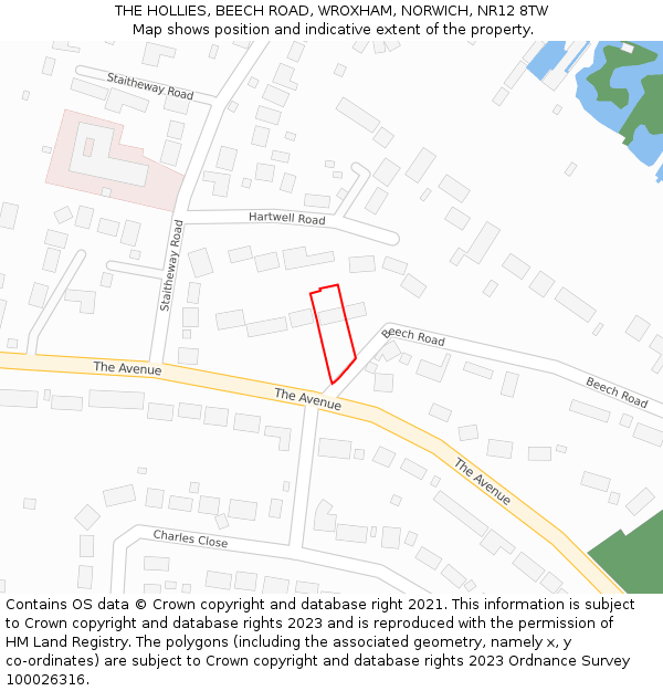 THE HOLLIES, BEECH ROAD, WROXHAM, NORWICH, NR12 8TW: Location map and indicative extent of plot