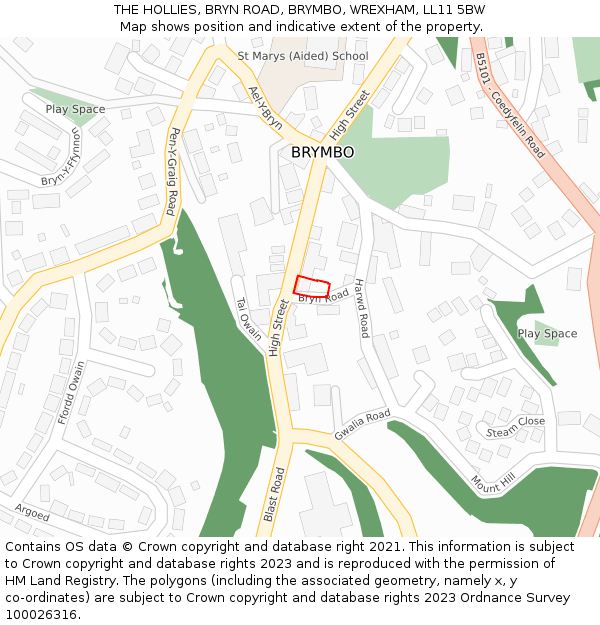 THE HOLLIES, BRYN ROAD, BRYMBO, WREXHAM, LL11 5BW: Location map and indicative extent of plot