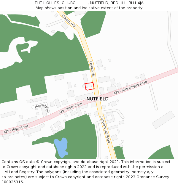 THE HOLLIES, CHURCH HILL, NUTFIELD, REDHILL, RH1 4JA: Location map and indicative extent of plot