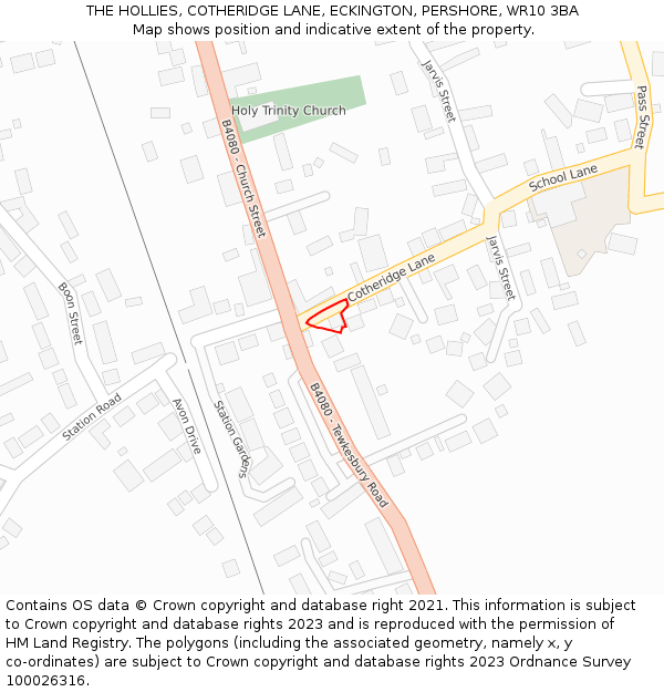 THE HOLLIES, COTHERIDGE LANE, ECKINGTON, PERSHORE, WR10 3BA: Location map and indicative extent of plot