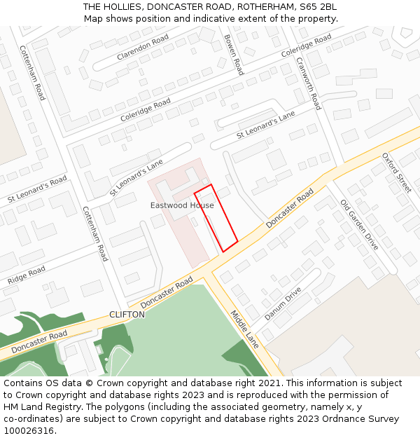 THE HOLLIES, DONCASTER ROAD, ROTHERHAM, S65 2BL: Location map and indicative extent of plot