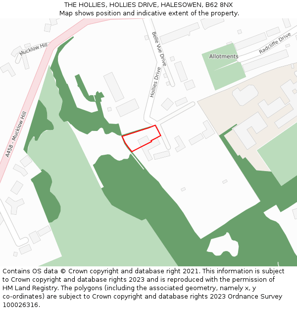 THE HOLLIES, HOLLIES DRIVE, HALESOWEN, B62 8NX: Location map and indicative extent of plot