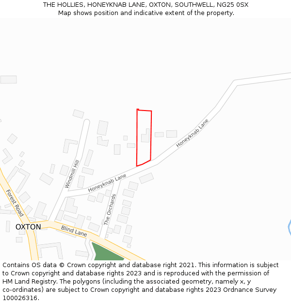 THE HOLLIES, HONEYKNAB LANE, OXTON, SOUTHWELL, NG25 0SX: Location map and indicative extent of plot