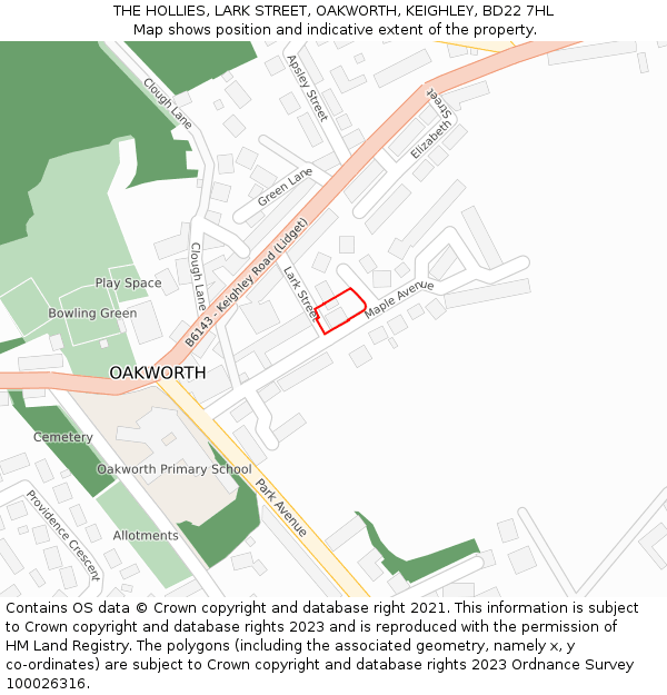 THE HOLLIES, LARK STREET, OAKWORTH, KEIGHLEY, BD22 7HL: Location map and indicative extent of plot