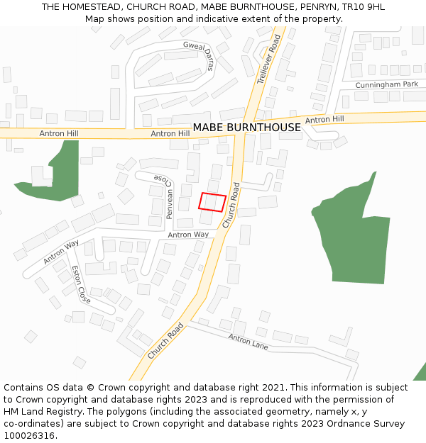 THE HOMESTEAD, CHURCH ROAD, MABE BURNTHOUSE, PENRYN, TR10 9HL: Location map and indicative extent of plot