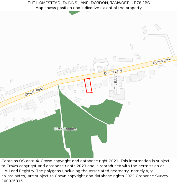 THE HOMESTEAD, DUNNS LANE, DORDON, TAMWORTH, B78 1RS: Location map and indicative extent of plot