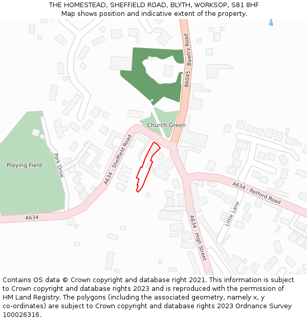 THE HOMESTEAD, SHEFFIELD ROAD, BLYTH, WORKSOP, S81 8HF: Location map and indicative extent of plot