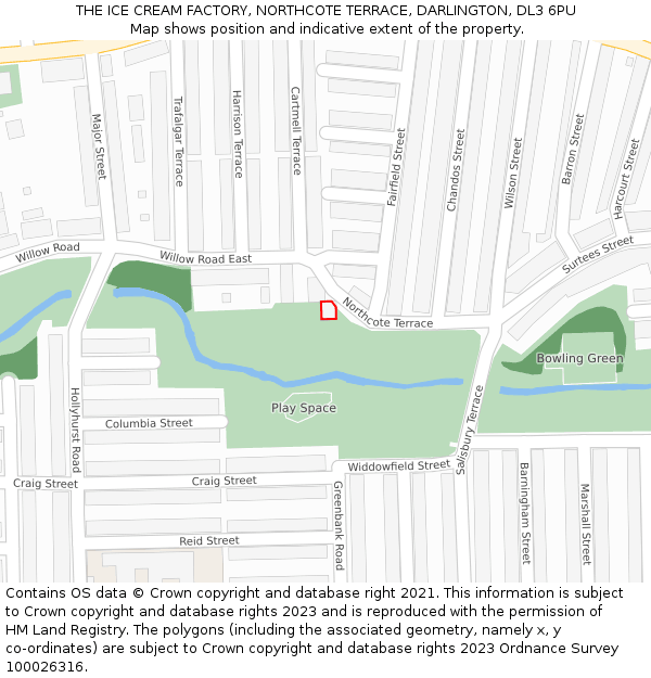 THE ICE CREAM FACTORY, NORTHCOTE TERRACE, DARLINGTON, DL3 6PU: Location map and indicative extent of plot