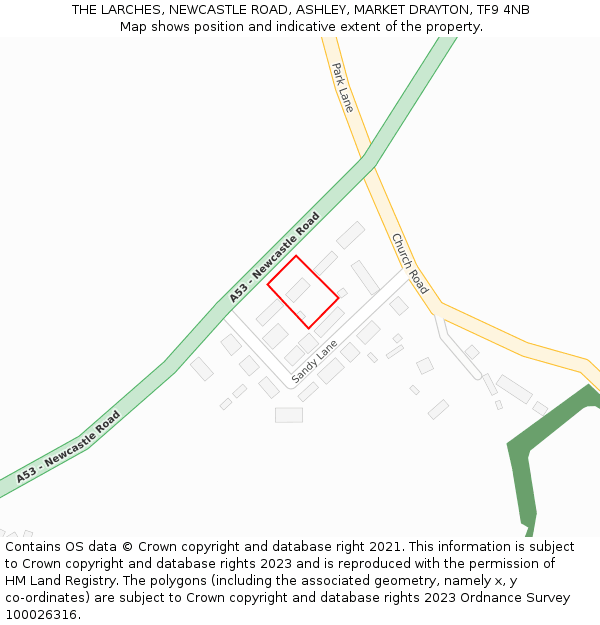 THE LARCHES, NEWCASTLE ROAD, ASHLEY, MARKET DRAYTON, TF9 4NB: Location map and indicative extent of plot