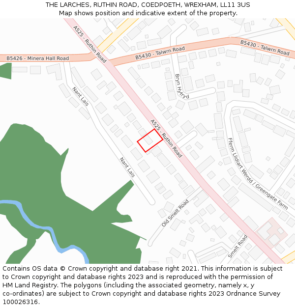 THE LARCHES, RUTHIN ROAD, COEDPOETH, WREXHAM, LL11 3US: Location map and indicative extent of plot