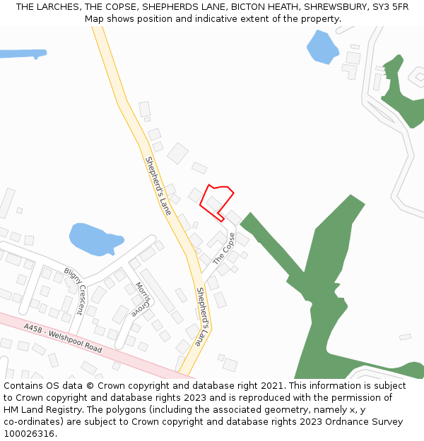 THE LARCHES, THE COPSE, SHEPHERDS LANE, BICTON HEATH, SHREWSBURY, SY3 5FR: Location map and indicative extent of plot