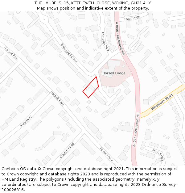 THE LAURELS, 15, KETTLEWELL CLOSE, WOKING, GU21 4HY: Location map and indicative extent of plot