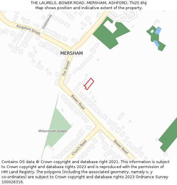 THE LAURELS, BOWER ROAD, MERSHAM, ASHFORD, TN25 6NJ: Location map and indicative extent of plot