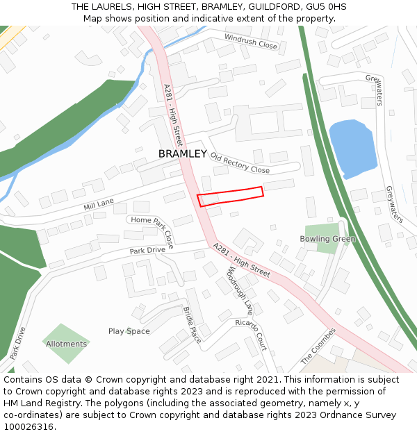 THE LAURELS, HIGH STREET, BRAMLEY, GUILDFORD, GU5 0HS: Location map and indicative extent of plot