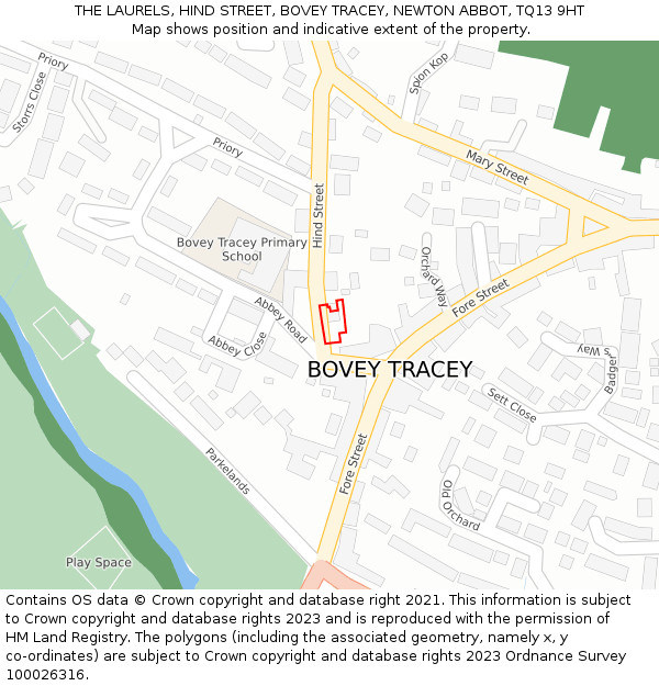 THE LAURELS, HIND STREET, BOVEY TRACEY, NEWTON ABBOT, TQ13 9HT: Location map and indicative extent of plot
