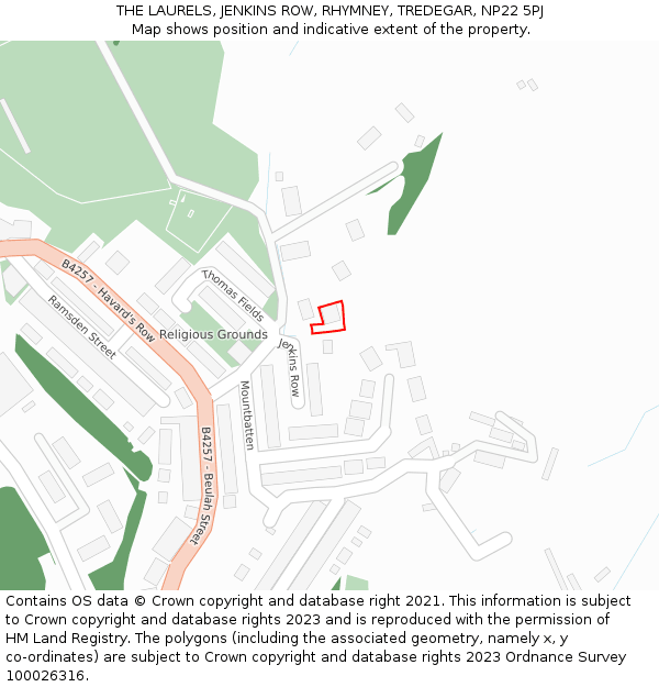 THE LAURELS, JENKINS ROW, RHYMNEY, TREDEGAR, NP22 5PJ: Location map and indicative extent of plot