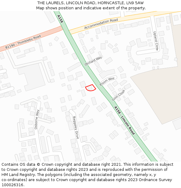 THE LAURELS, LINCOLN ROAD, HORNCASTLE, LN9 5AW: Location map and indicative extent of plot