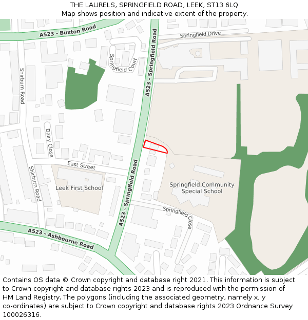 THE LAURELS, SPRINGFIELD ROAD, LEEK, ST13 6LQ: Location map and indicative extent of plot