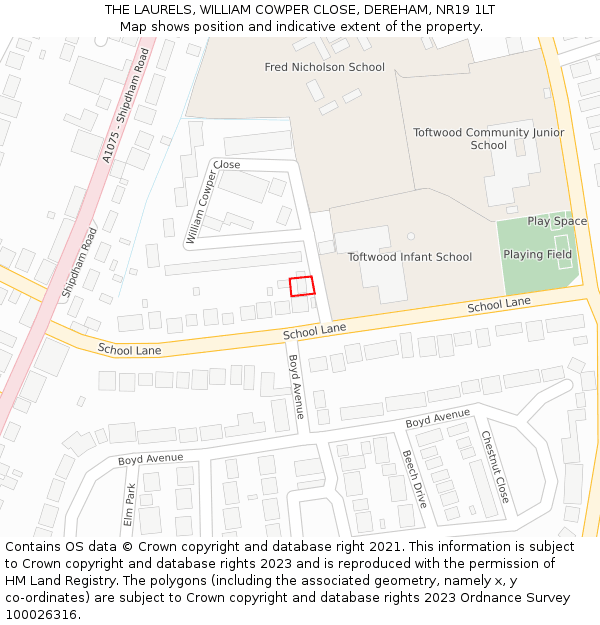 THE LAURELS, WILLIAM COWPER CLOSE, DEREHAM, NR19 1LT: Location map and indicative extent of plot