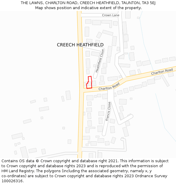 THE LAWNS, CHARLTON ROAD, CREECH HEATHFIELD, TAUNTON, TA3 5EJ: Location map and indicative extent of plot