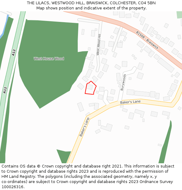 THE LILACS, WESTWOOD HILL, BRAISWICK, COLCHESTER, CO4 5BN: Location map and indicative extent of plot