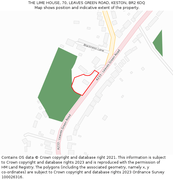 THE LIME HOUSE, 70, LEAVES GREEN ROAD, KESTON, BR2 6DQ: Location map and indicative extent of plot