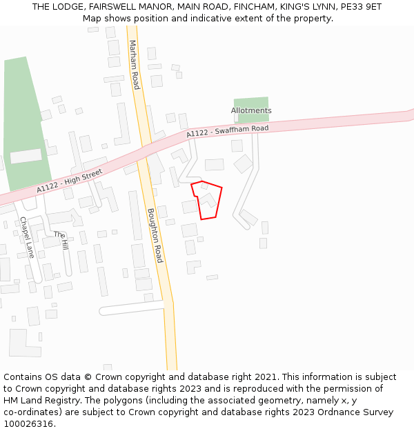 THE LODGE, FAIRSWELL MANOR, MAIN ROAD, FINCHAM, KING'S LYNN, PE33 9ET: Location map and indicative extent of plot