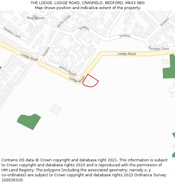 THE LODGE, LODGE ROAD, CRANFIELD, BEDFORD, MK43 0BG: Location map and indicative extent of plot
