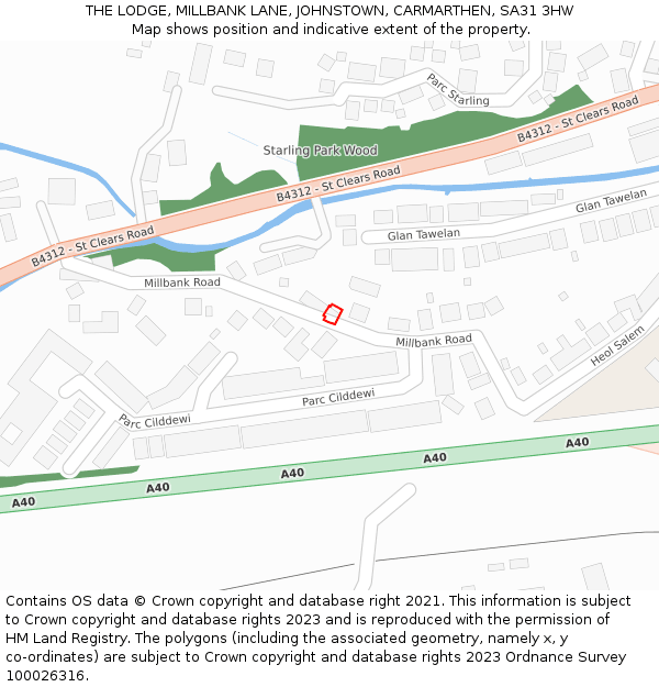 THE LODGE, MILLBANK LANE, JOHNSTOWN, CARMARTHEN, SA31 3HW: Location map and indicative extent of plot