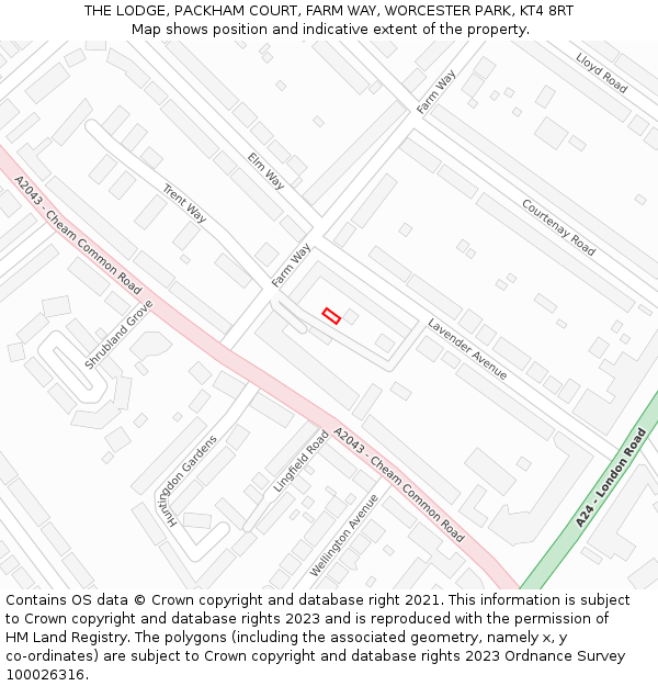 THE LODGE, PACKHAM COURT, FARM WAY, WORCESTER PARK, KT4 8RT: Location map and indicative extent of plot