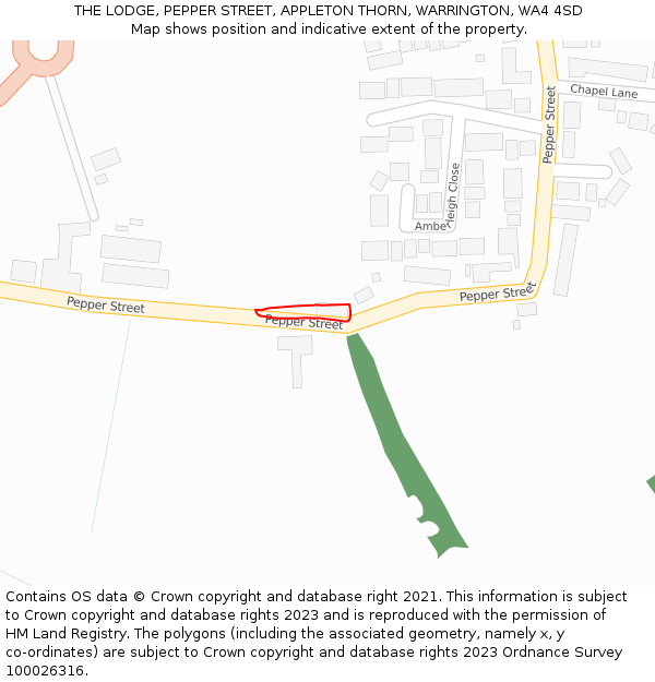 THE LODGE, PEPPER STREET, APPLETON THORN, WARRINGTON, WA4 4SD: Location map and indicative extent of plot