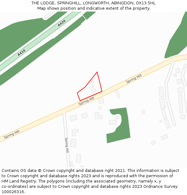 THE LODGE, SPRINGHILL, LONGWORTH, ABINGDON, OX13 5HL: Location map and indicative extent of plot