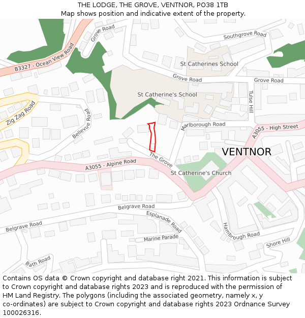 THE LODGE, THE GROVE, VENTNOR, PO38 1TB: Location map and indicative extent of plot