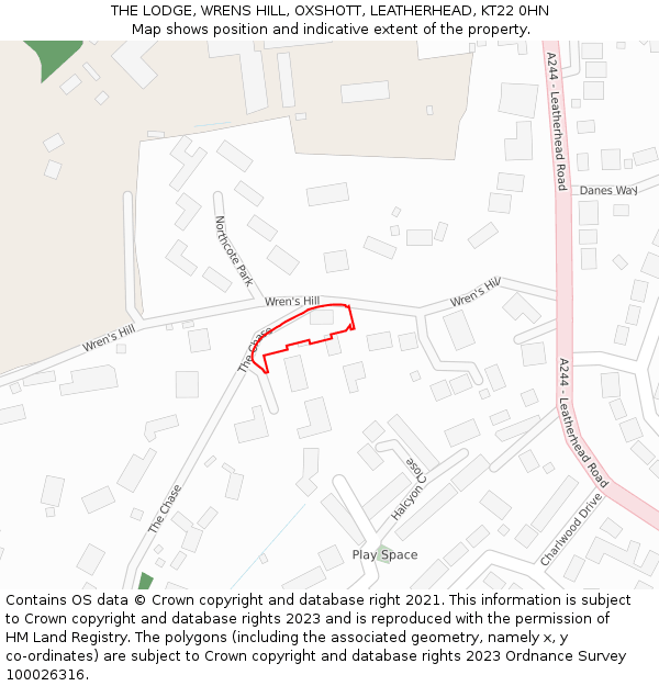 THE LODGE, WRENS HILL, OXSHOTT, LEATHERHEAD, KT22 0HN: Location map and indicative extent of plot