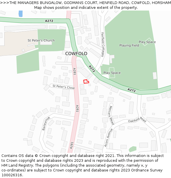 THE MANAGERS BUNGALOW, GODMANS COURT, HENFIELD ROAD, COWFOLD, HORSHAM, RH13 8DZ: Location map and indicative extent of plot