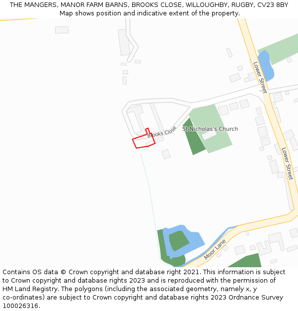 THE MANGERS, MANOR FARM BARNS, BROOKS CLOSE, WILLOUGHBY, RUGBY, CV23 8BY: Location map and indicative extent of plot