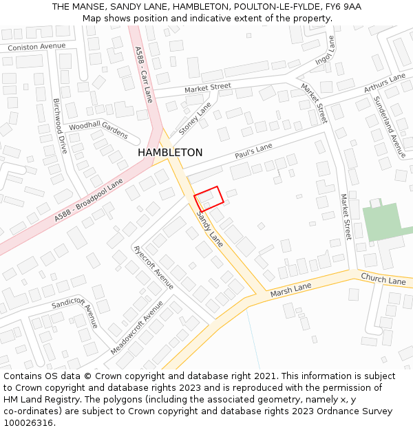 THE MANSE, SANDY LANE, HAMBLETON, POULTON-LE-FYLDE, FY6 9AA: Location map and indicative extent of plot