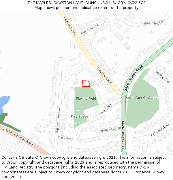 THE MAPLES, CAWSTON LANE, DUNCHURCH, RUGBY, CV22 6QF: Location map and indicative extent of plot